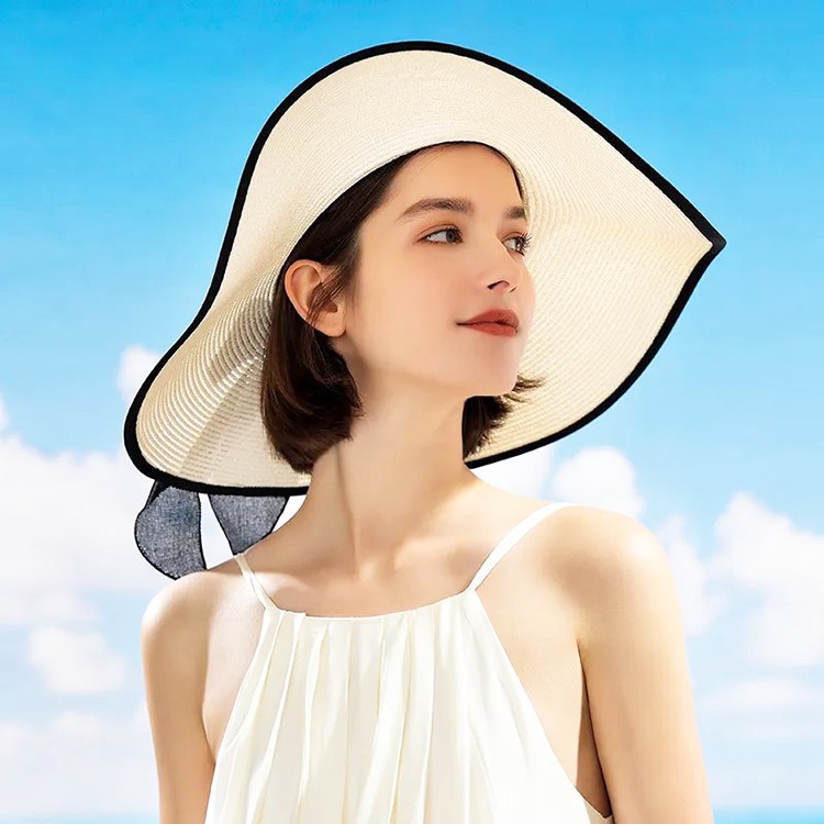 Sun Hats for Women Large Wide Brim Bowknot Straw Beach Hat UPF UV Floppy Foldable Packable Cap (Beige) (Black) (Beige)