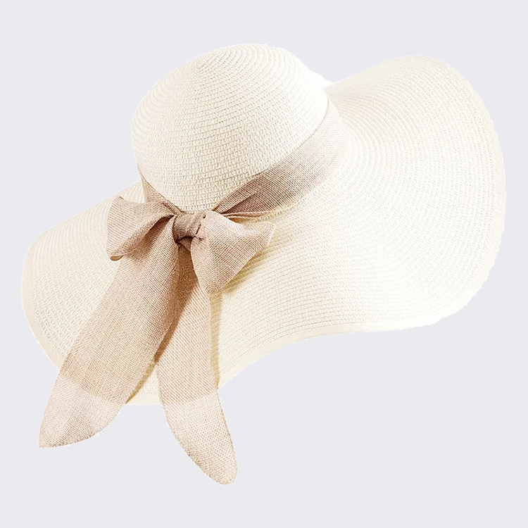 Ladies Wide Brim Floppy Straw Sun Hat with Bowknot, Khaki