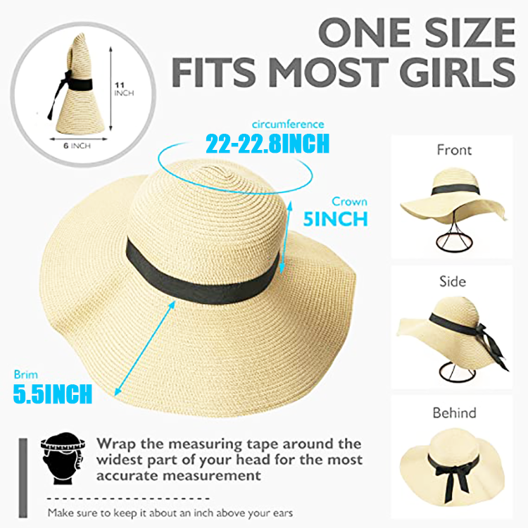 Sun Hats for Women Large Wide Brim Bowknot Straw Beach Hat UPF UV Floppy Foldable Packable Cap (Beige) (Black) (Beige)